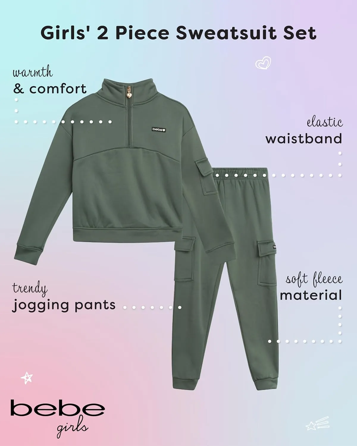 bebe Girls' Jogger Set - 2 Piece Fleece Mock Neck Quarter Zip Pullover Sweatshirt and Cargo Jogger Pants for Girls (7-12)