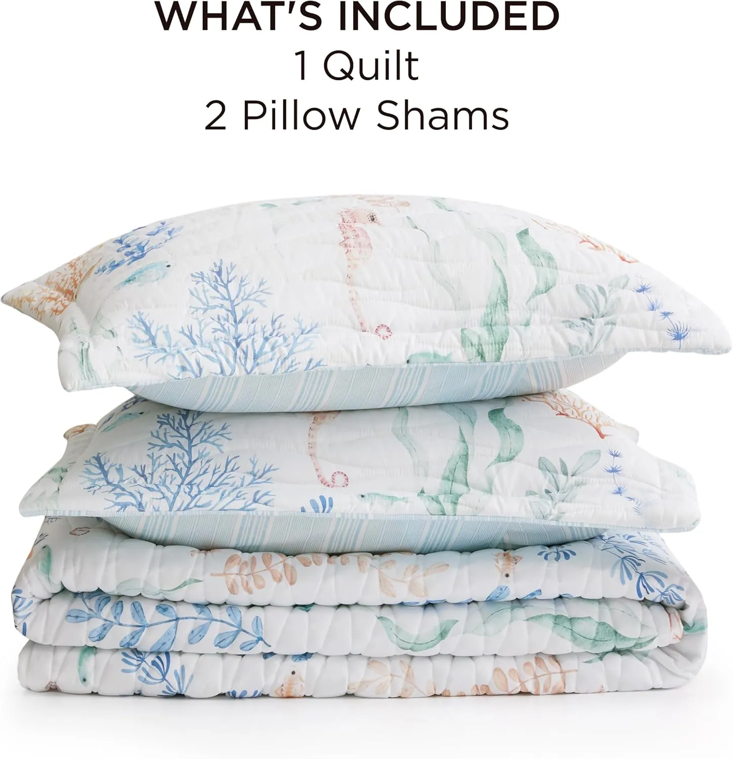 Bedsure Coastal Quilt Bedding Set - Queen Size Reversible Summer Beach Quilt Bedding Set, 3 Pieces Ocean Lightweight Bedspread, Underwater World Parttern Coverlet with 2 Pillow Shams (90"x96")