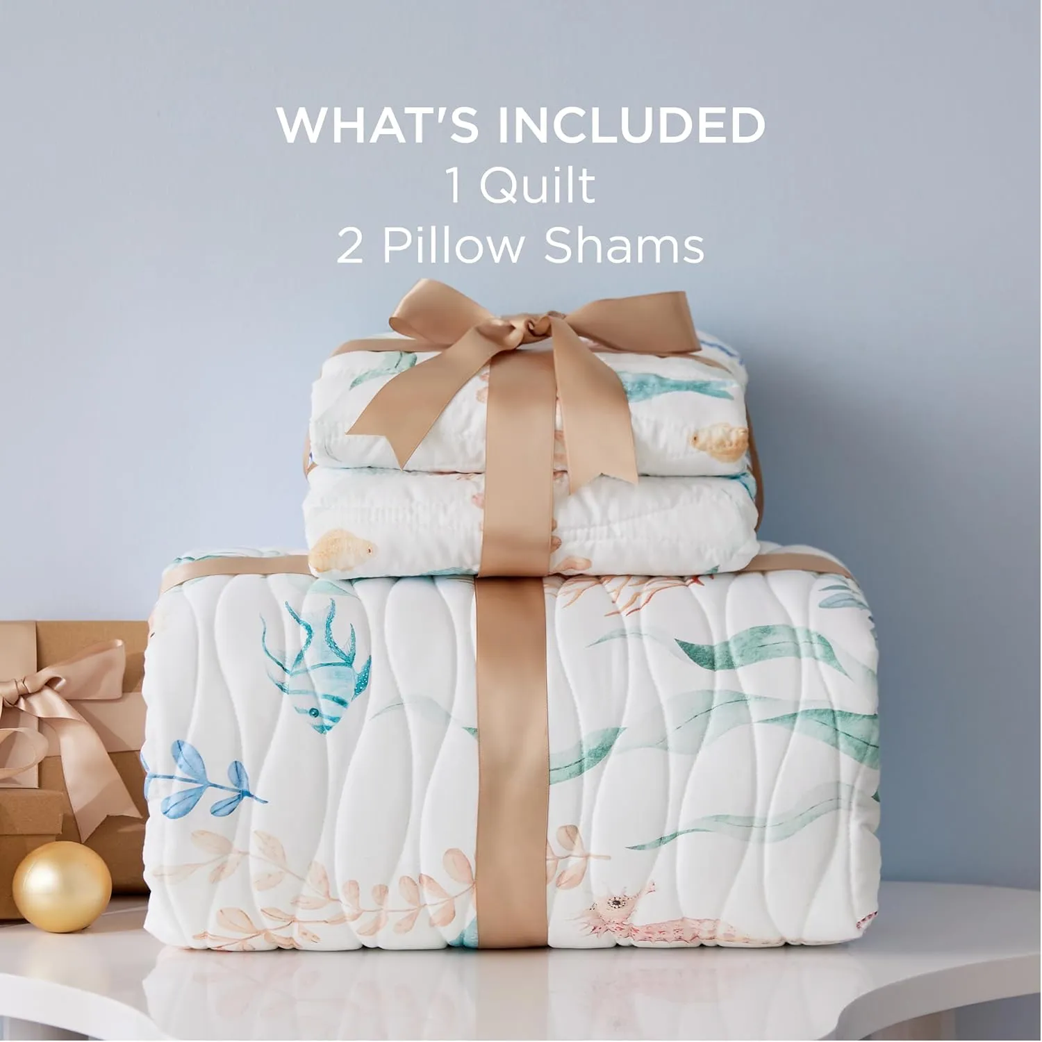 Bedsure Coastal Quilt Bedding Set - Queen Size Reversible Summer Beach Quilt Bedding Set, 3 Pieces Ocean Lightweight Bedspread, Underwater World Parttern Coverlet with 2 Pillow Shams (90"x96")