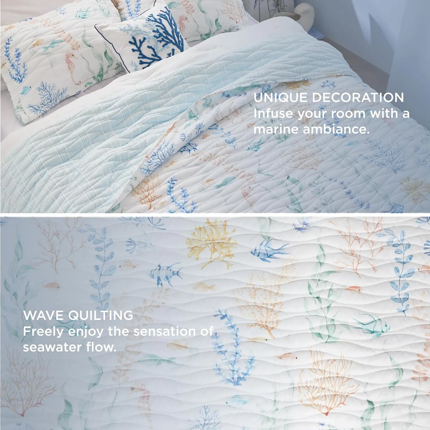 Bedsure Coastal Quilt Bedding Set - Queen Size Reversible Summer Beach Quilt Bedding Set, 3 Pieces Ocean Lightweight Bedspread, Underwater World Parttern Coverlet with 2 Pillow Shams (90"x96")