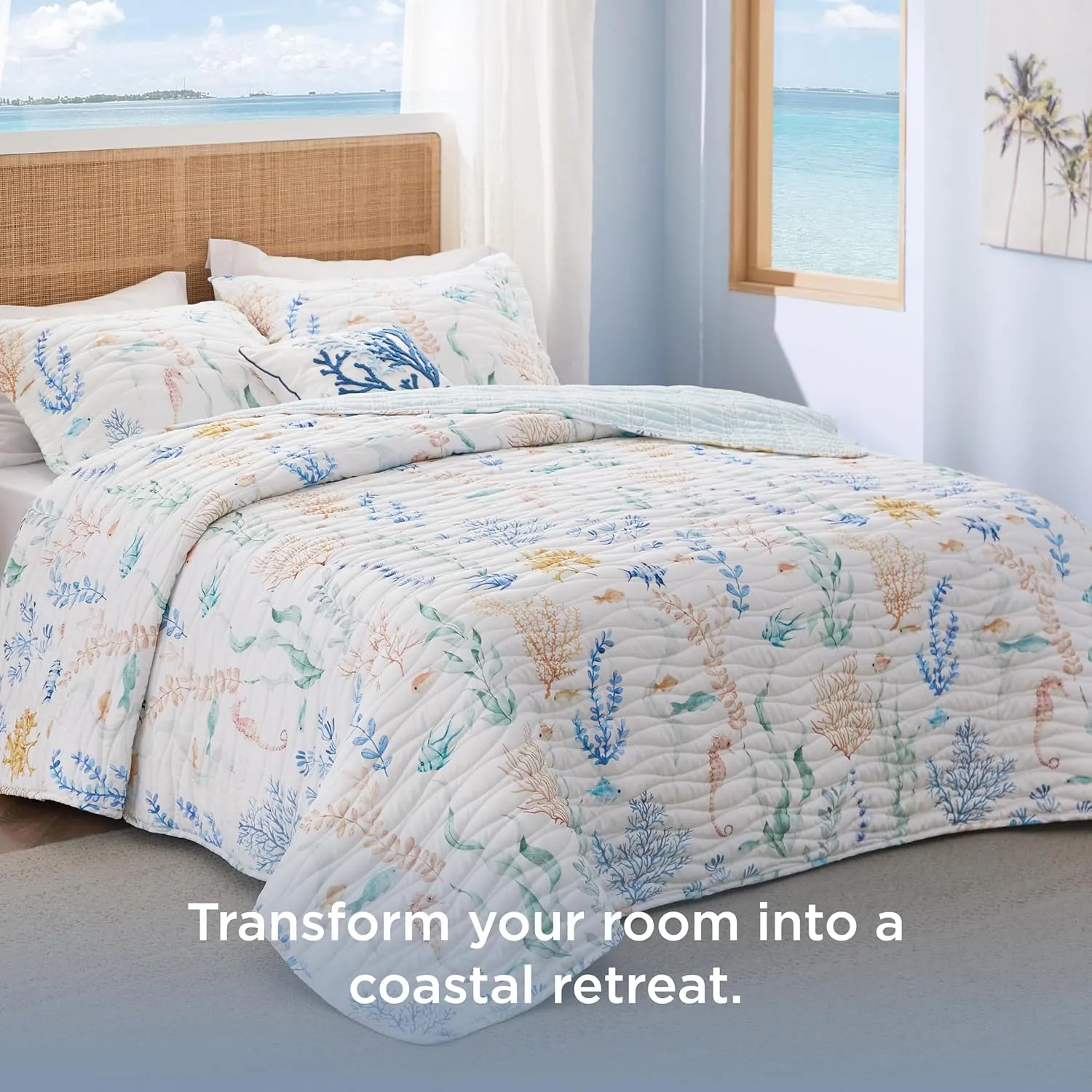 Bedsure Coastal Quilt Bedding Set - Queen Size Reversible Summer Beach Quilt Bedding Set, 3 Pieces Ocean Lightweight Bedspread, Underwater World Parttern Coverlet with 2 Pillow Shams (90"x96")