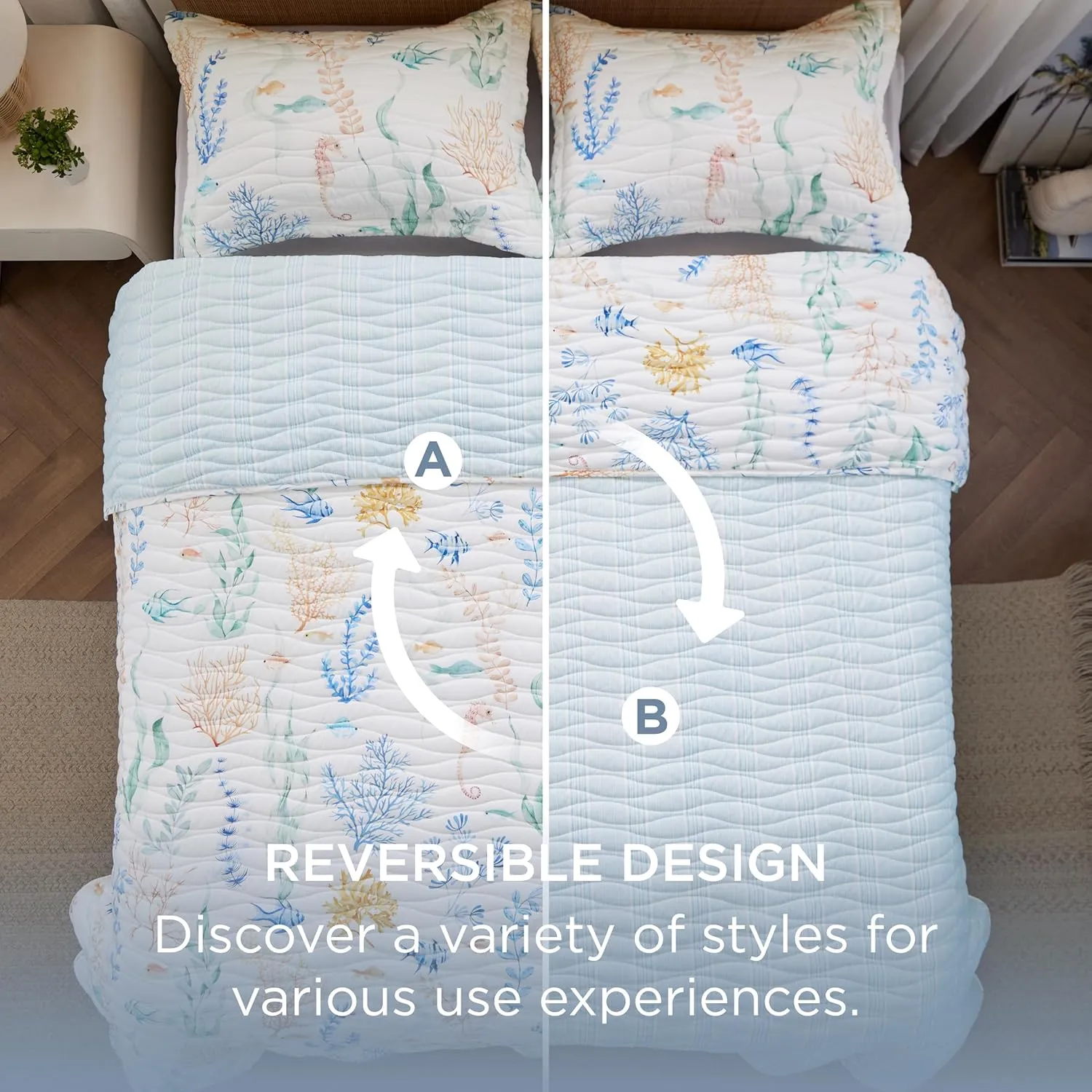 Bedsure Coastal Quilt Bedding Set - Queen Size Reversible Summer Beach Quilt Bedding Set, 3 Pieces Ocean Lightweight Bedspread, Underwater World Parttern Coverlet with 2 Pillow Shams (90"x96")