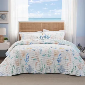 Bedsure Coastal Quilt Bedding Set - Queen Size Reversible Summer Beach Quilt Bedding Set, 3 Pieces Ocean Lightweight Bedspread, Underwater World Parttern Coverlet with 2 Pillow Shams (90"x96")