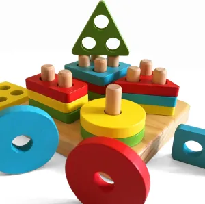 bee SMART Wooden Sorting Geometric Shape Activity Toy | Stacking & Sorting Plugging Puzzle Game | Kids Activity Montessori Educational Gifts for Preschool & Toddlers Boys & Girls | 17 pcs