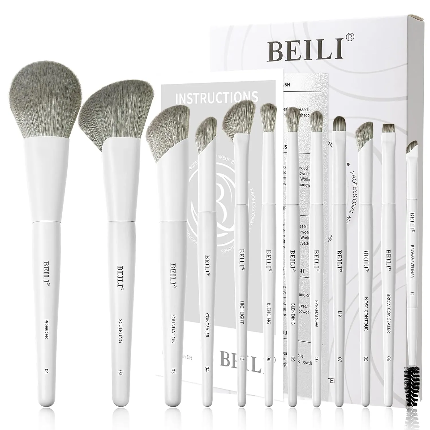 BEILI Makeup Brush Set,White Makeup Brush Set, 12 Vegan Makeup Brushes for Powder Foundation, Concealer, Eyebrows, Eyeshadow, Contour, Eyeliner, Blender Eye Brush