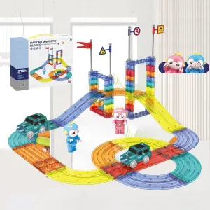 BELLA GLOBE Magnetic Tiles Race Track Set - STEM Engineering Slot Cars on Flexible Tracks - 63PCS Educational Magnet Building Blocks - Kids Magnetic Car Toys