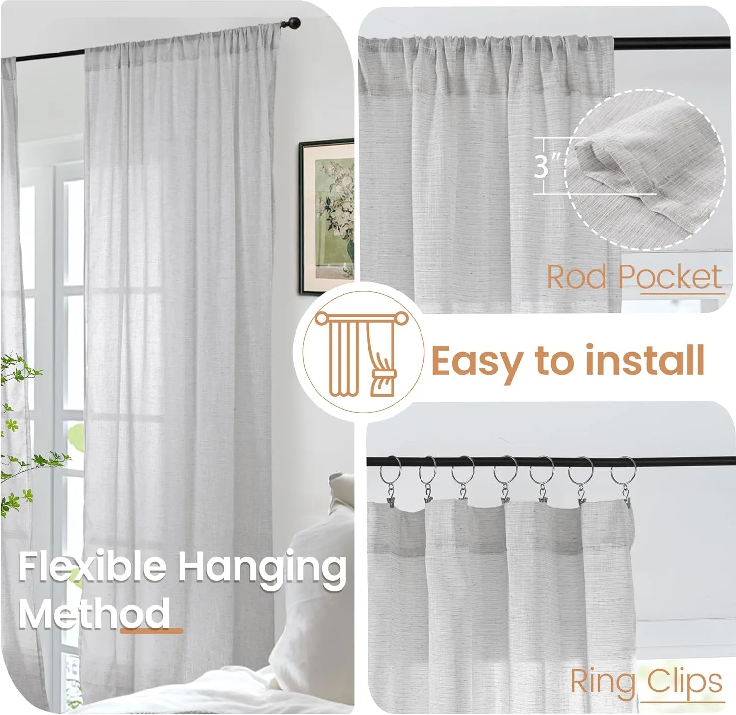 BGment Light Grey Linen Curtains for Living Room 84 Inch Length - Light Filtering Window Drapes Rod Pocket for Bedroom Farmhouse Natural Textured Sheer Lightweight Rustic, 2 Panels Set, 52 X 84 Inch