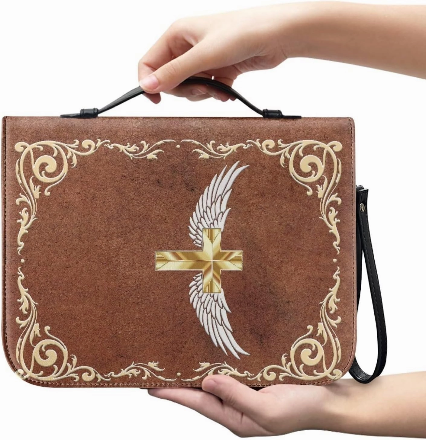 Bible Cover Bag, Cross Print Scripture Study Carrying Book Cover Church Bag with Handle and Pocket for Women Men, Catholic Church, Christian Gifts