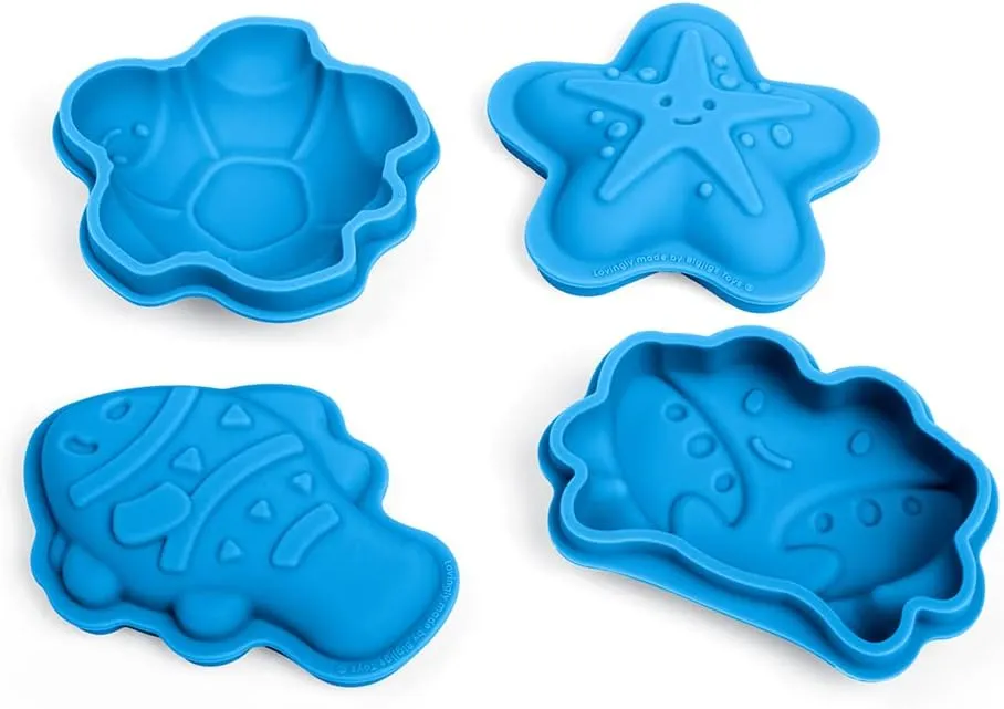 Bigjigs Toys Ocean Blue Silicone Sand Moulds - 4 Piece Silicone Beach Toys Set, Eco Friendly Beach Toys, Sustainable Sand and Water Toys, Sand Toys for Toddlers Age 3-5 Years