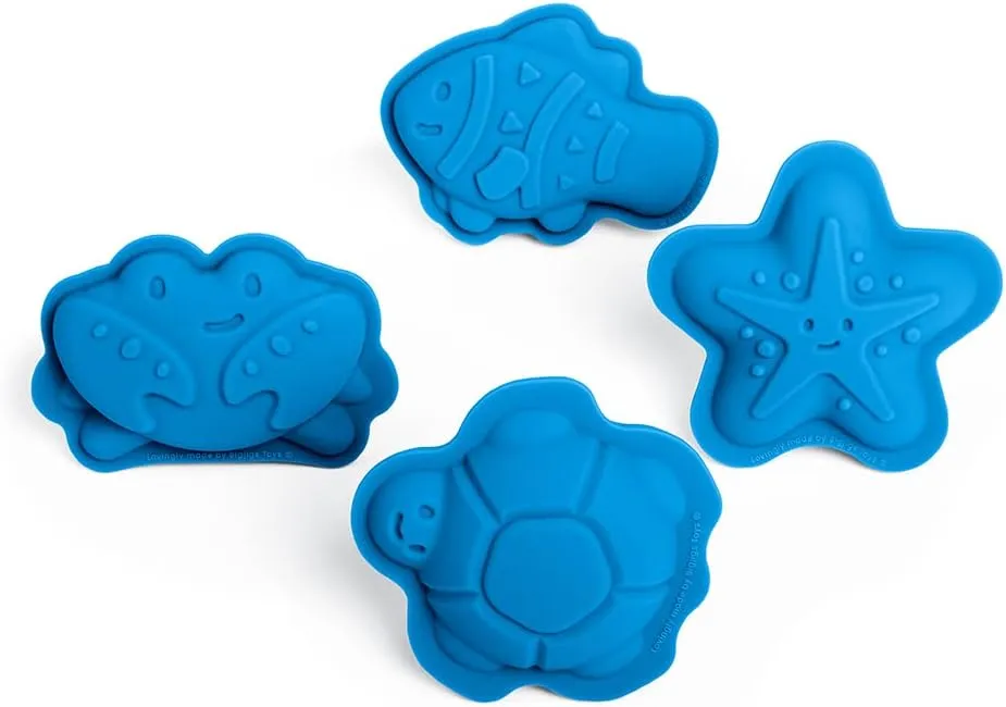 Bigjigs Toys Ocean Blue Silicone Sand Moulds - 4 Piece Silicone Beach Toys Set, Eco Friendly Beach Toys, Sustainable Sand and Water Toys, Sand Toys for Toddlers Age 3-5 Years