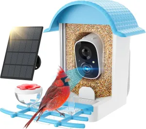 Bird Feeder with Camera, Smart Bird Feeder with Solar Panel, 2K HD Live View, AI Identify, Auto Capture, Instant Notifications, 2.4GHz, IP65 Waterproof, Ideal Gifts for Lover, Blue