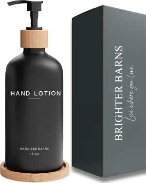 Black Glass Lotion Dispenser with Pump by Brighter Barns - Hand Lotion Dispenser Bathroom Set with Tray - Luxury Bathroom Accessories Set, Modern Home Decor for Spa, Office, Living Room, Hotel (Black)