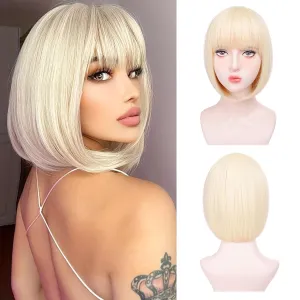 Blonde Bob Wigs - 12'' Short 613 Bob Wig for Women Bob wig With Bangs Super Soft and Easy to Wear Straight Bob Wigs, Colorful Synthetic wig for Daily, Cosplay, Halloween