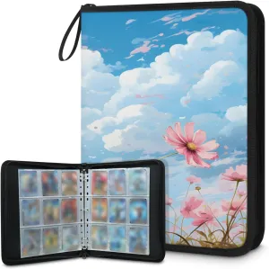 Blue Sky, White Clouds Flowers 3 Ring Trading Zipper Binder Strap, Trading Card Binder 4 Pocket, 400 Pockets Card Holder with 50 Removable Sleeves for Game Cards