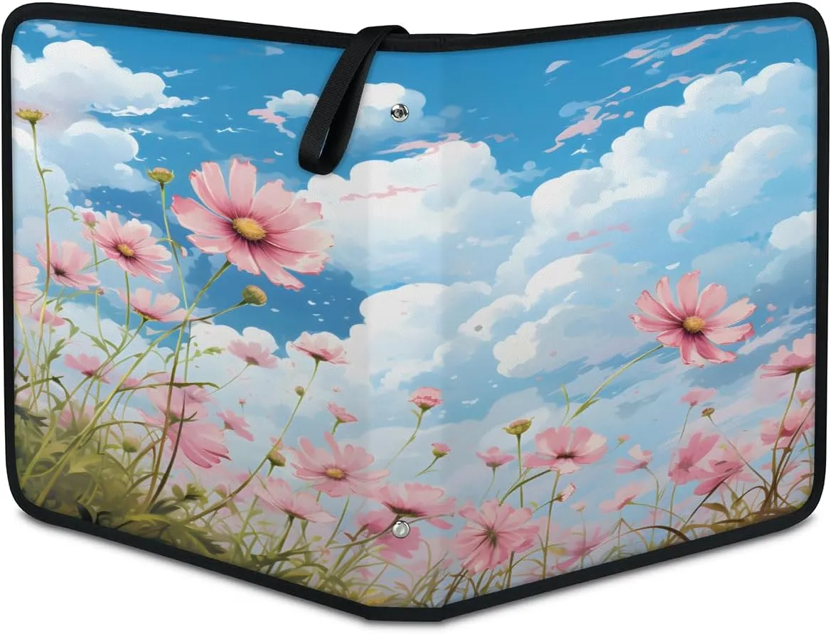 Blue Sky, White Clouds Flowers 3 Ring Trading Zipper Binder Strap, Trading Card Binder 4 Pocket, 400 Pockets Card Holder with 50 Removable Sleeves for Game Cards
