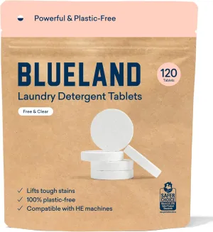 BLUELAND Laundry Detergent Tablets, 120 Count, Plastic-Free Eco-Friendly Pods, Sheets, Liquid Alternative - Fragrance Free and Clear, Natural, Gentle