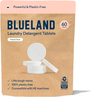 BLUELAND Laundry Detergent Tablets, 60 Count, Plastic-Free Eco-Friendly Pods, Sheets, Liquid Alternative - Fragrance Free and Clear, Natural, Gentle