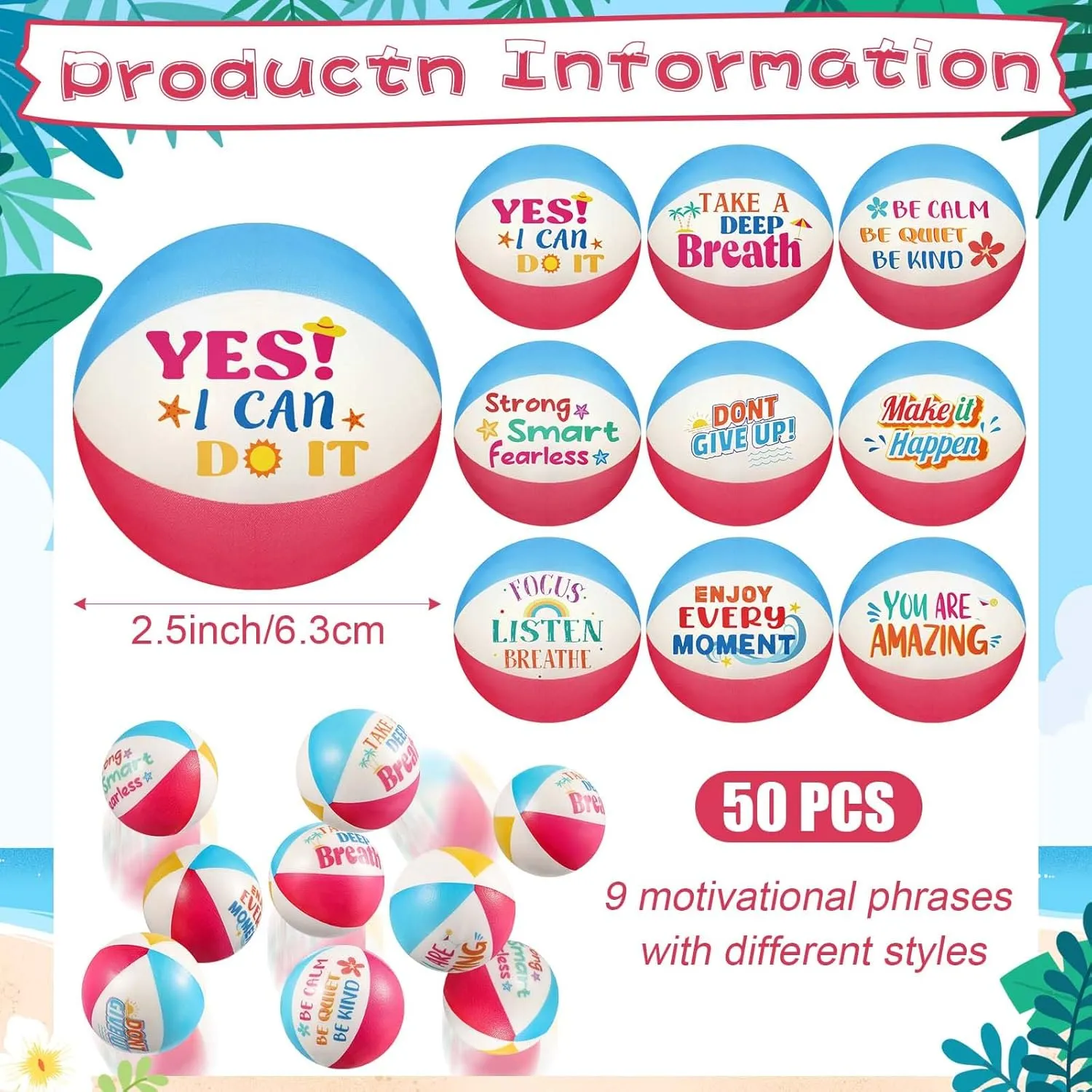 Blulu 50 Pcs Mini Beach Stress Balls 2.5" Foam Beach Balls with Motivational Quotes Rainbow Summer Swimming Pool Game Toy with Storage Bag for Party Decorations Birthday Gifts Rewards