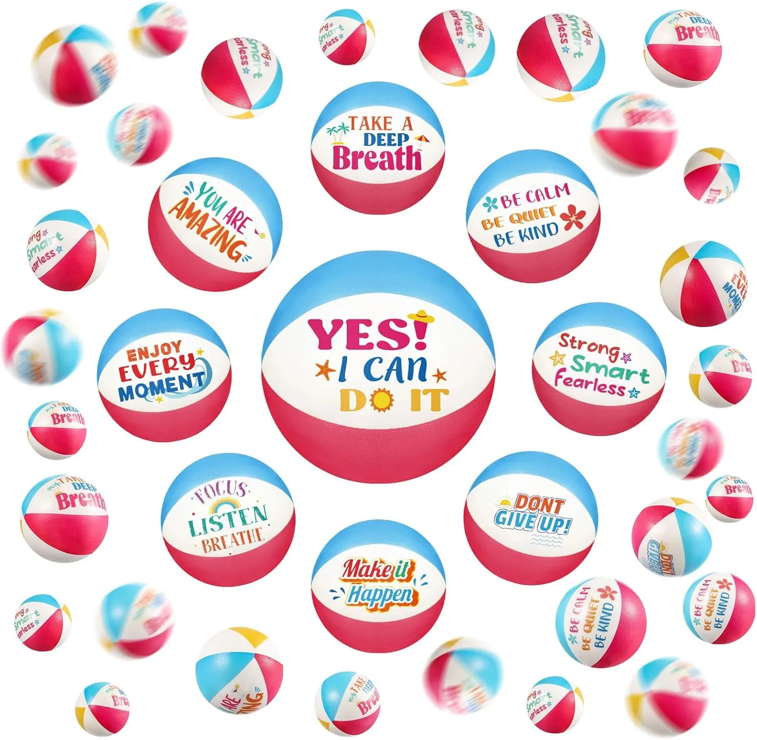 Blulu 50 Pcs Mini Beach Stress Balls 2.5" Foam Beach Balls with Motivational Quotes Rainbow Summer Swimming Pool Game Toy with Storage Bag for Party Decorations Birthday Gifts Rewards