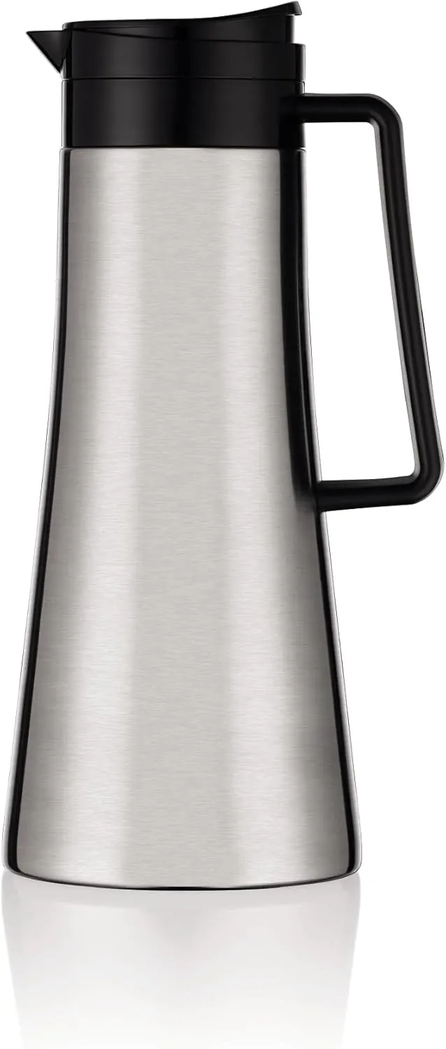 Bodum 37oz Bistro Double-Wall Vacuum Insulated Thermo Jug, Black Plastic Handle and Lid, Brushed Stainless Steel