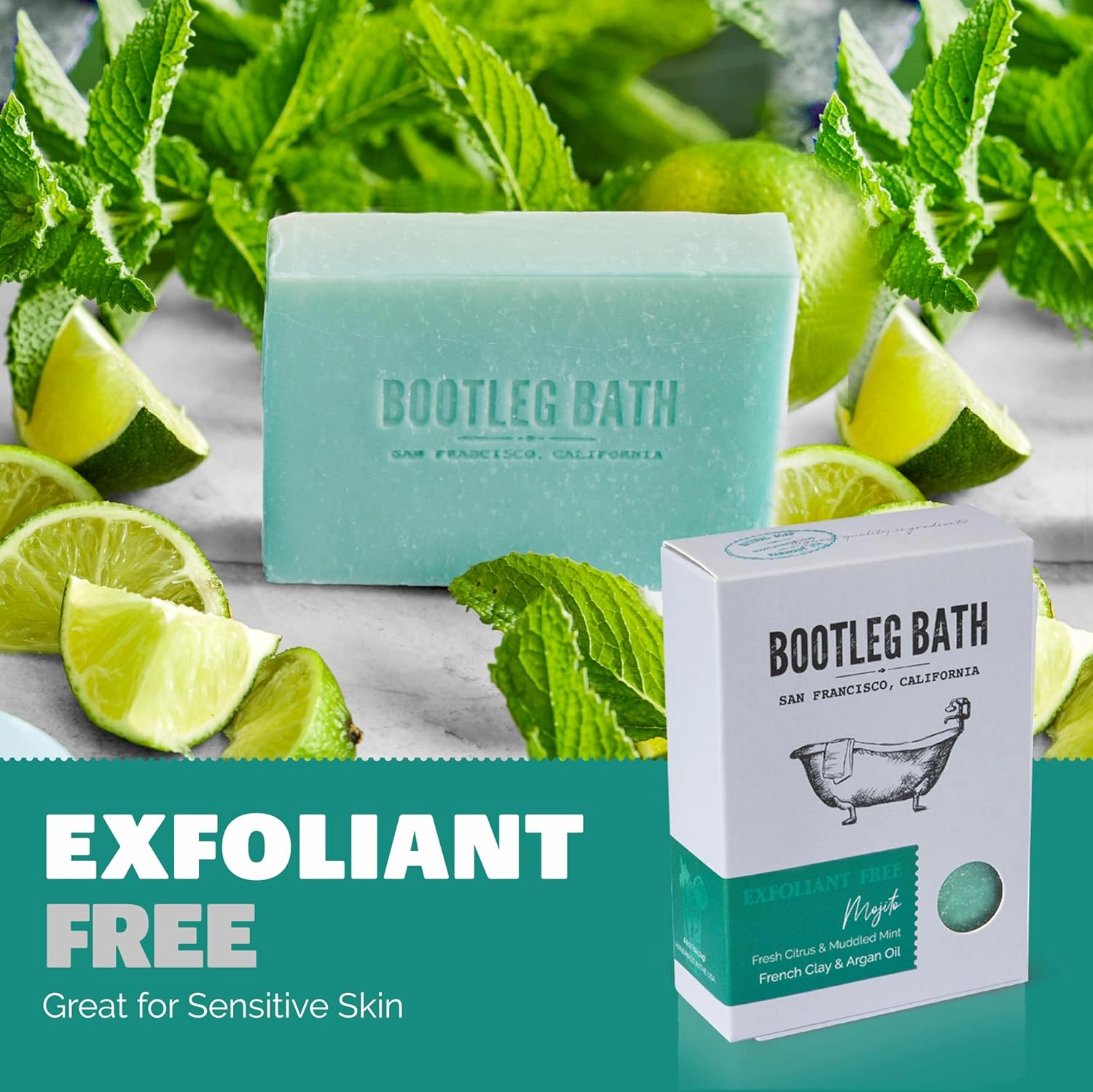 BOOTLEG BATH- Fresh Citrus and Muddled Mint with French Clay and Argan Oil, Natural Moisturizing Body Soap, Handcrafted in USA for Men and Women, Eco Friendly, 4.4 oz Each Bar