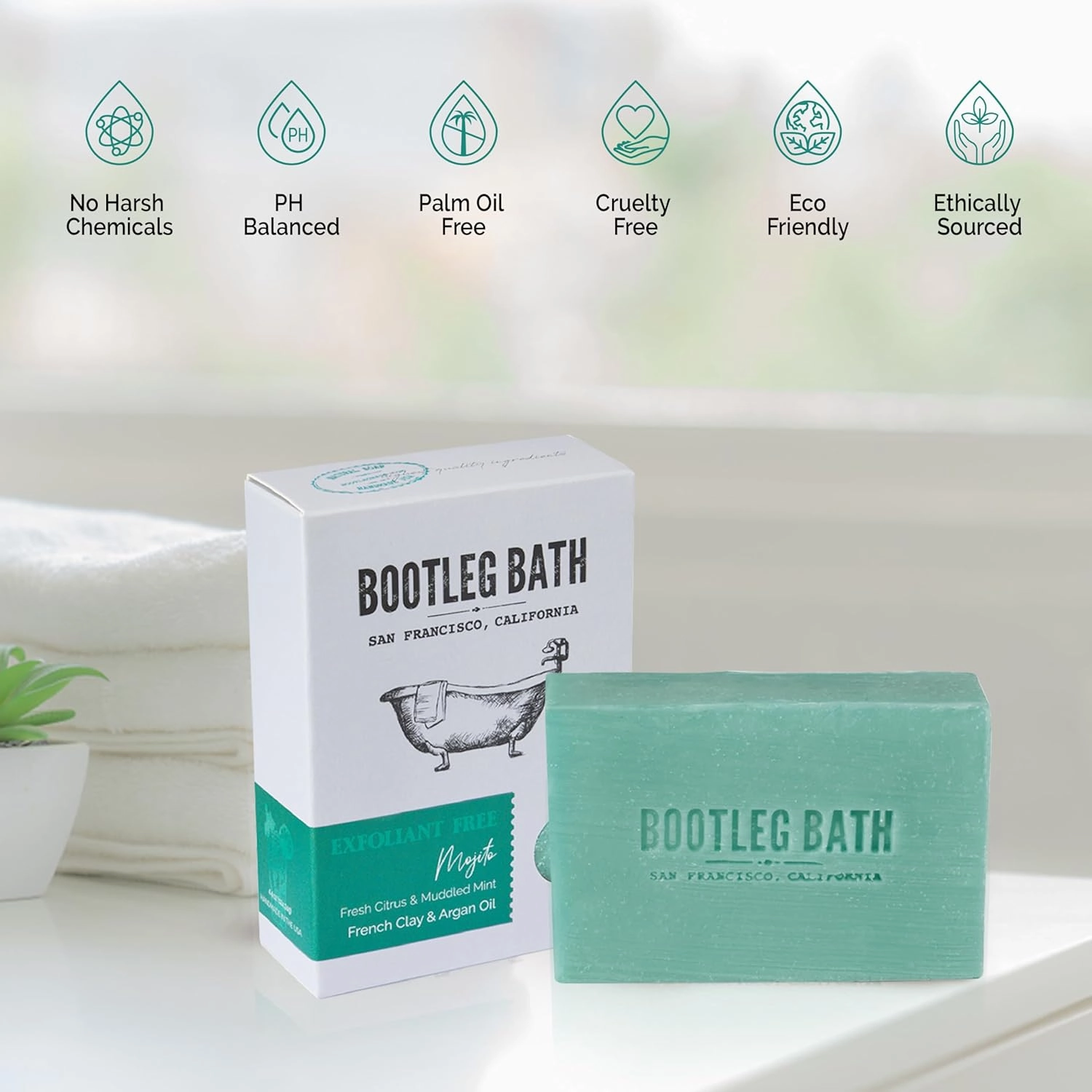 BOOTLEG BATH- Fresh Citrus and Muddled Mint with French Clay and Argan Oil, Natural Moisturizing Body Soap, Handcrafted in USA for Men and Women, Eco Friendly, 4.4 oz Each Bar
