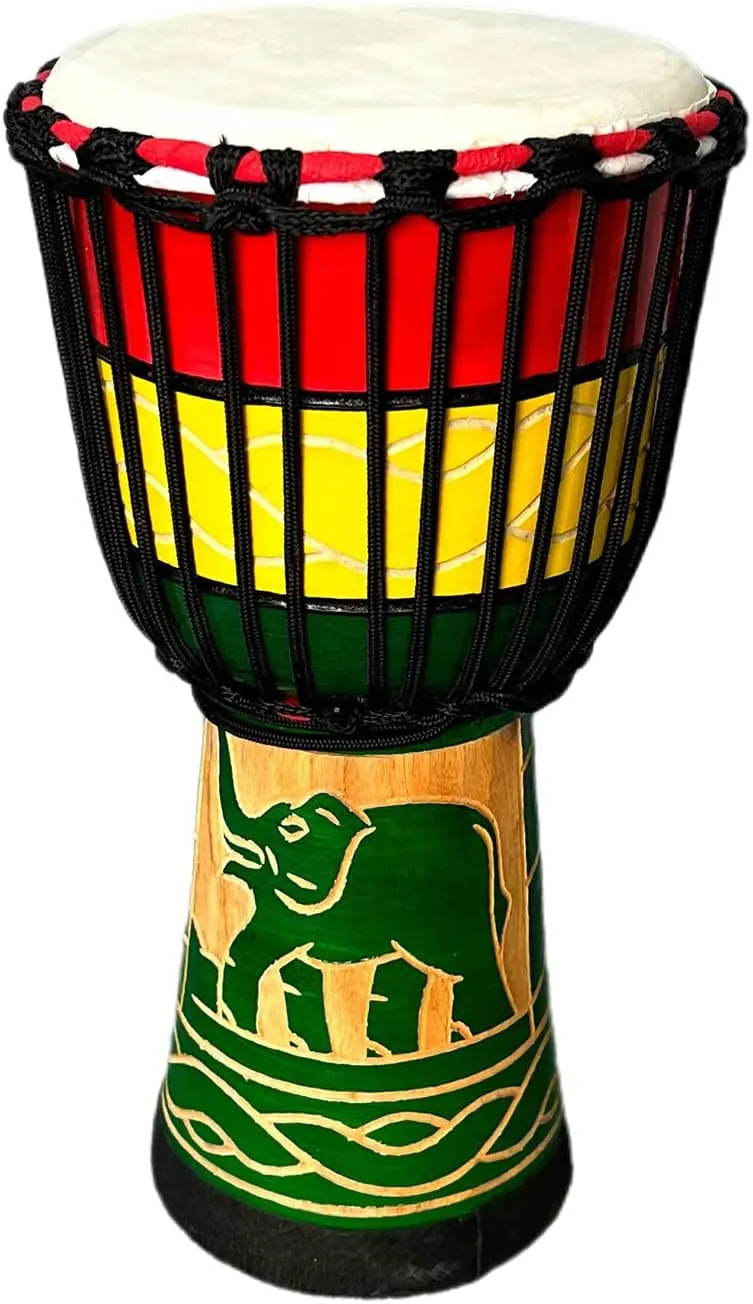 BORIYAM Djembe Drum Professionally Hand Carved, Goatskin Drum Head, From West African Style Tambourine, Bongo, Percussion (Green Elephant)