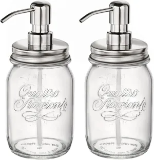 Bormioli Rocco Quattro Stagioni Set of 2 Mason Jars, 17 Oz. Soap and Lotion Dispensers, for Kitchen Or Bathroom, with Stainless Steel Pumps.