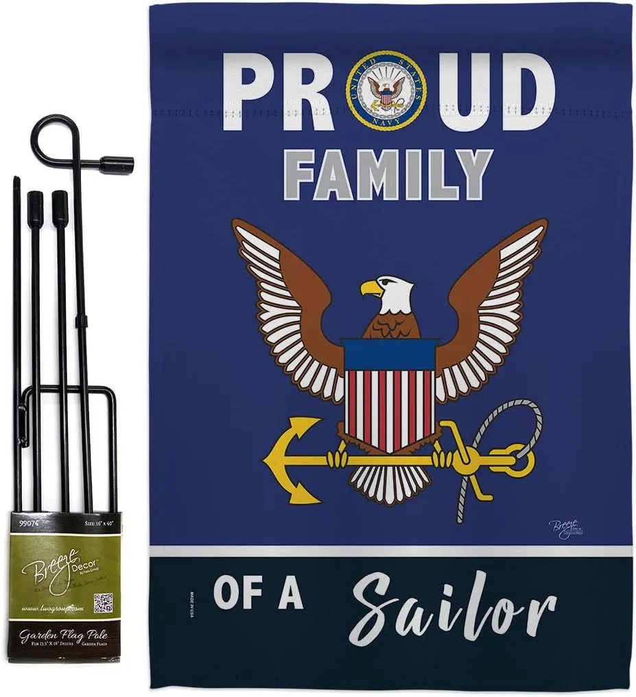Breeze Decor Proud Family Sailor Garden Flag - Set with Stand Armed Forces Navy USN Seabee United State American Military Veteran Retire Official - House Banner Small Yard Gift Double-Sided 13 X 18.5