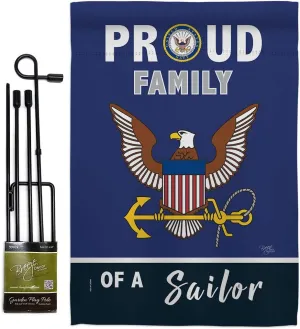 Breeze Decor Proud Family Sailor Garden Flag - Set with Stand Armed Forces Navy USN Seabee United State American Military Veteran Retire Official - House Banner Small Yard Gift Double-Sided 13 X 18.5