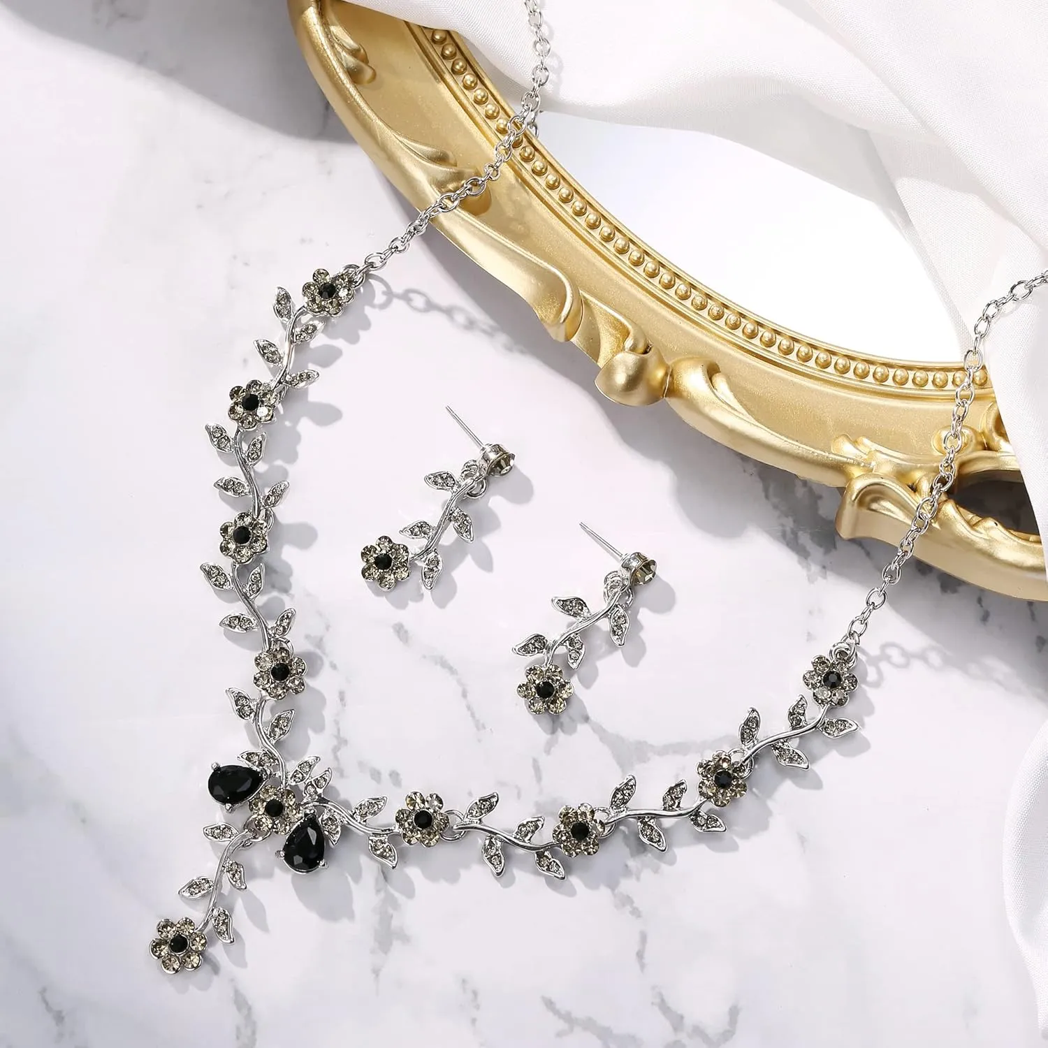 BriLove Women's Wedding Jewelry Leaf Cluster Flower Crystal Dangle Earrings Pendant Necklace Set for Bridal