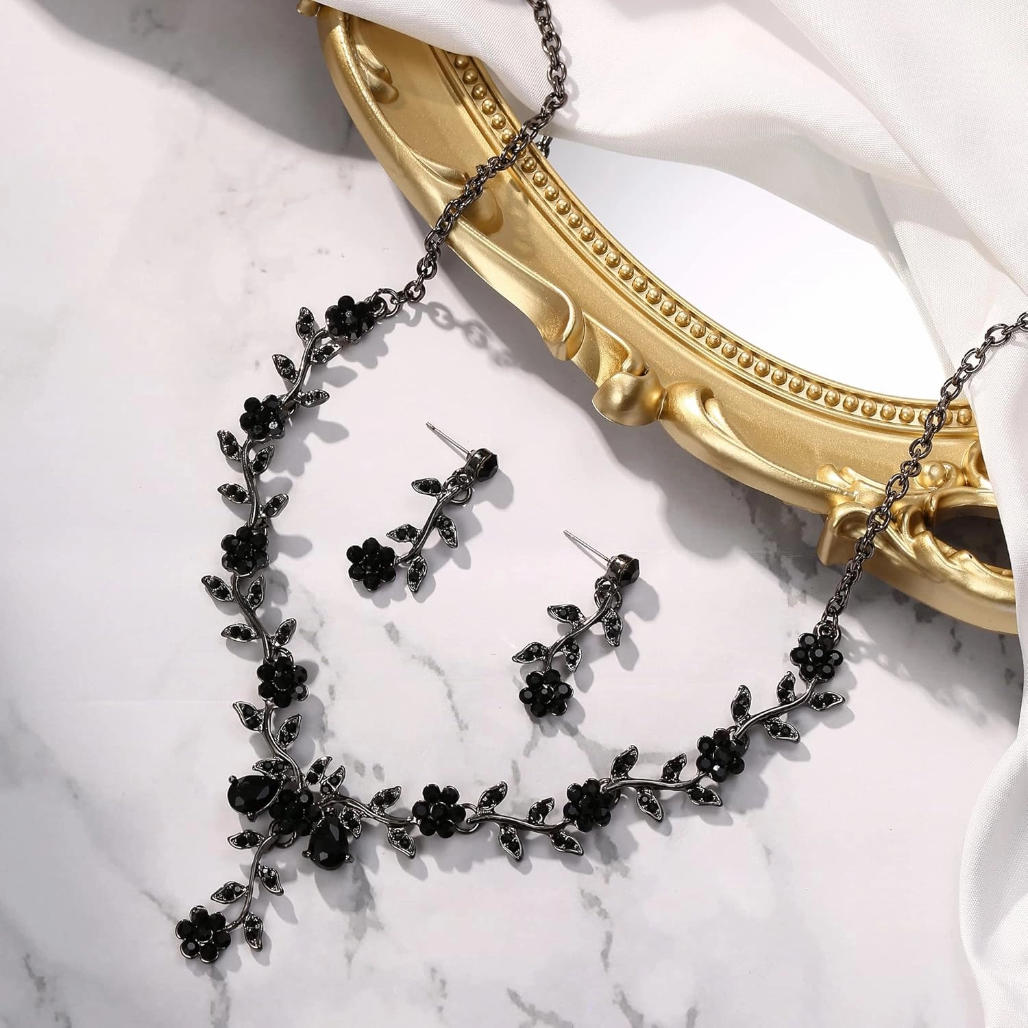 BriLove Women's Wedding Jewelry Leaf Cluster Flower Crystal Dangle Earrings Pendant Necklace Set for Bridal
