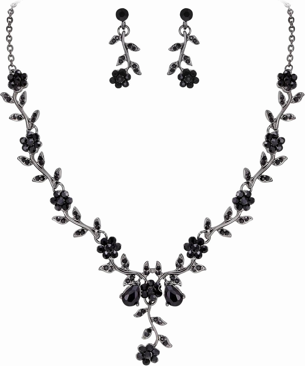 BriLove Women's Wedding Jewelry Leaf Cluster Flower Crystal Dangle Earrings Pendant Necklace Set for Bridal