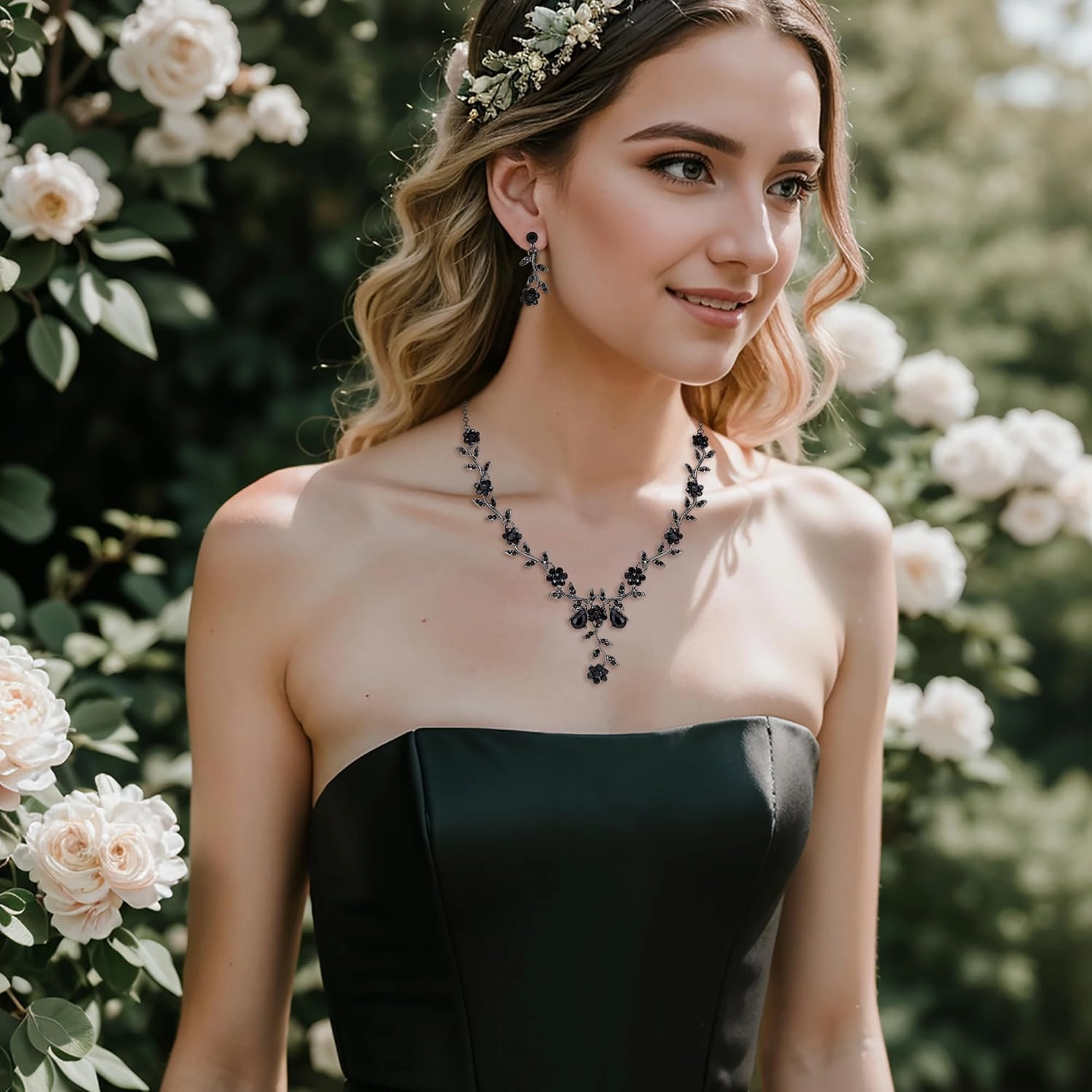 BriLove Women's Wedding Jewelry Leaf Cluster Flower Crystal Dangle Earrings Pendant Necklace Set for Bridal