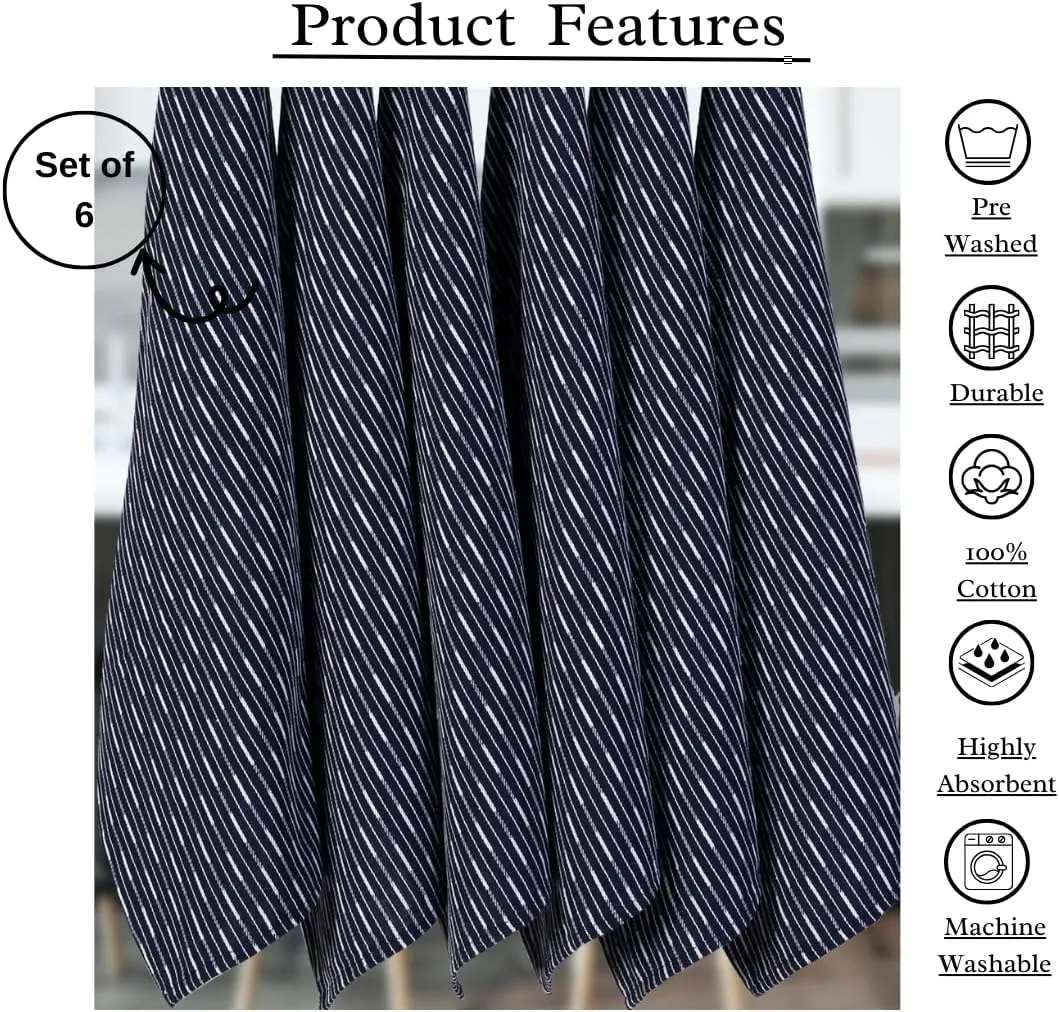 Brookyn Stripe Cotton Kitchen Towel 18x28 inch Navy 100% Cotton Quick Dry Tea Towels Bar Towels Highly Absorbent Cleaning Towels Kitchen Tea Towels Pure Cotton Absorbent Dish Cloth Set of 6