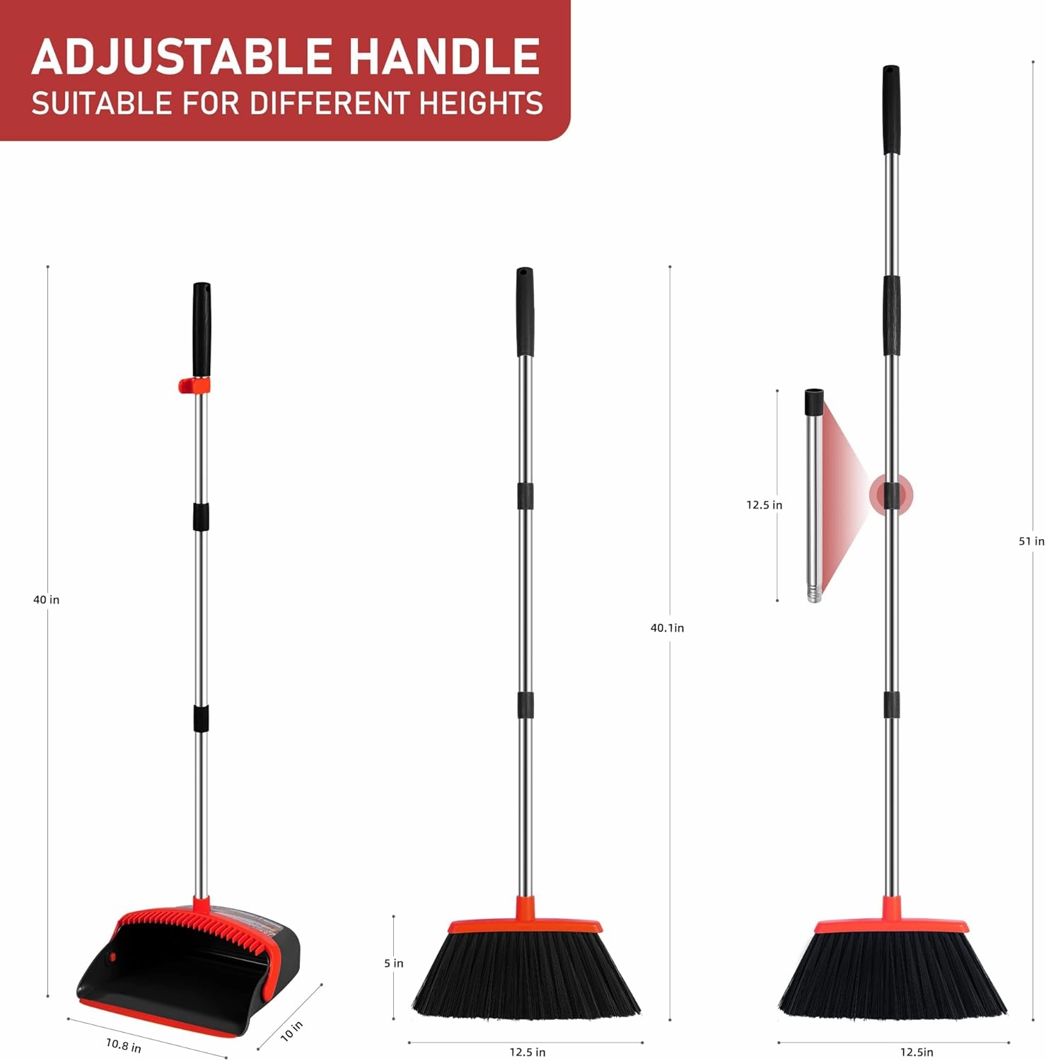 Broom and Dustpan Set, Broom Dustpan Combo Set Home Commercial Cleaning Supplies Angle Broom with Long Handle Perfect for Courtyard Garage Street(Black and Red)