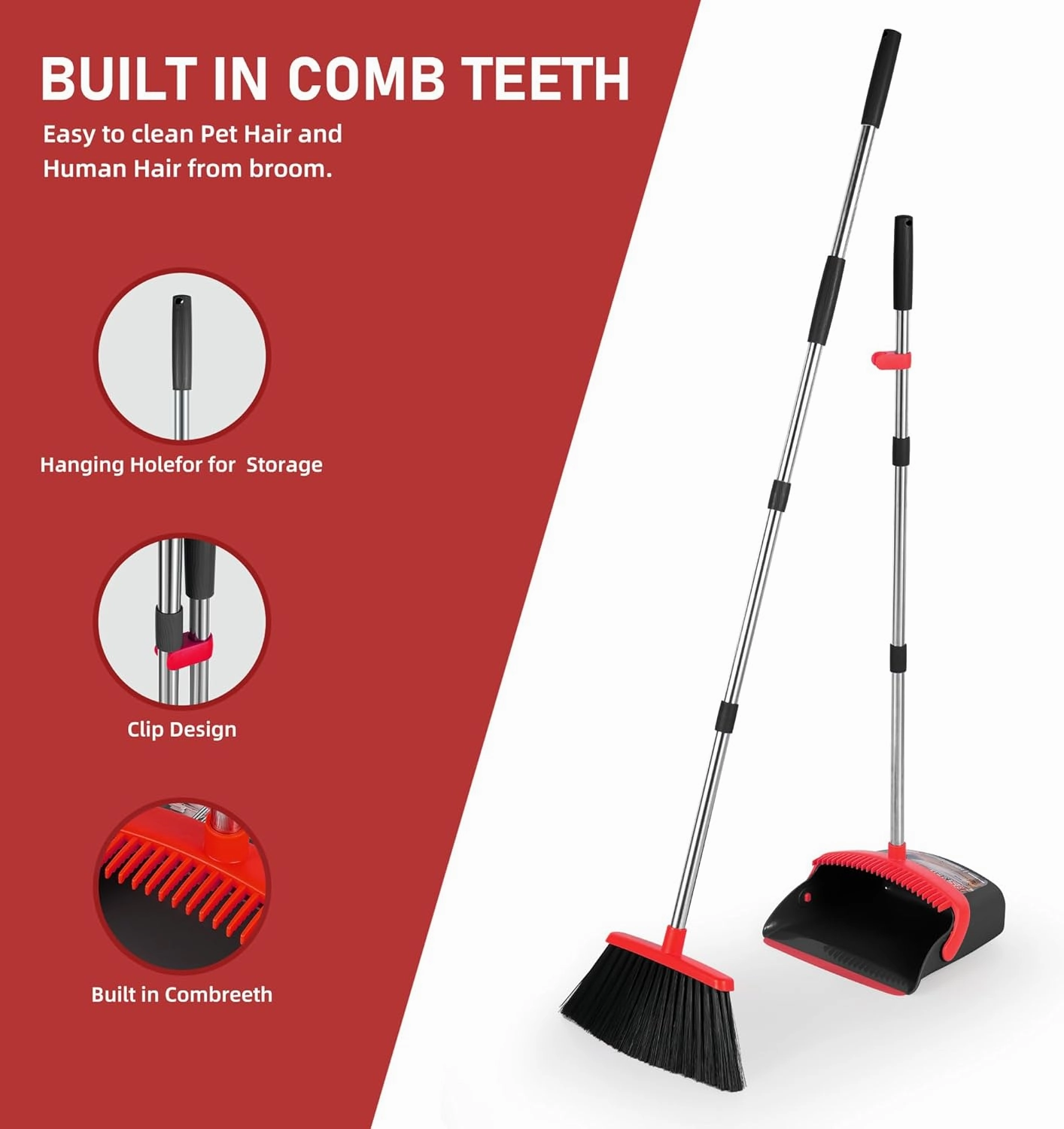 Broom and Dustpan Set, Broom Dustpan Combo Set Home Commercial Cleaning Supplies Angle Broom with Long Handle Perfect for Courtyard Garage Street(Black and Red)