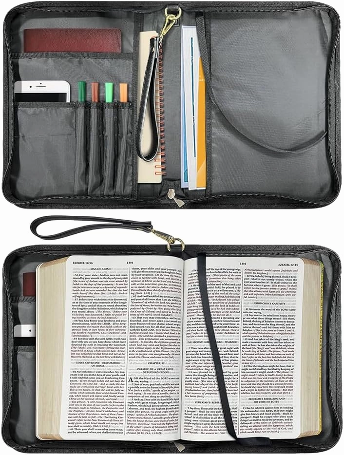 Brown Bible Cover for Women, Soft PU Leather Bible Case with Zipper Pockets for Pens Waterproof Religious Scripture Carrier for Outdoor Church Events