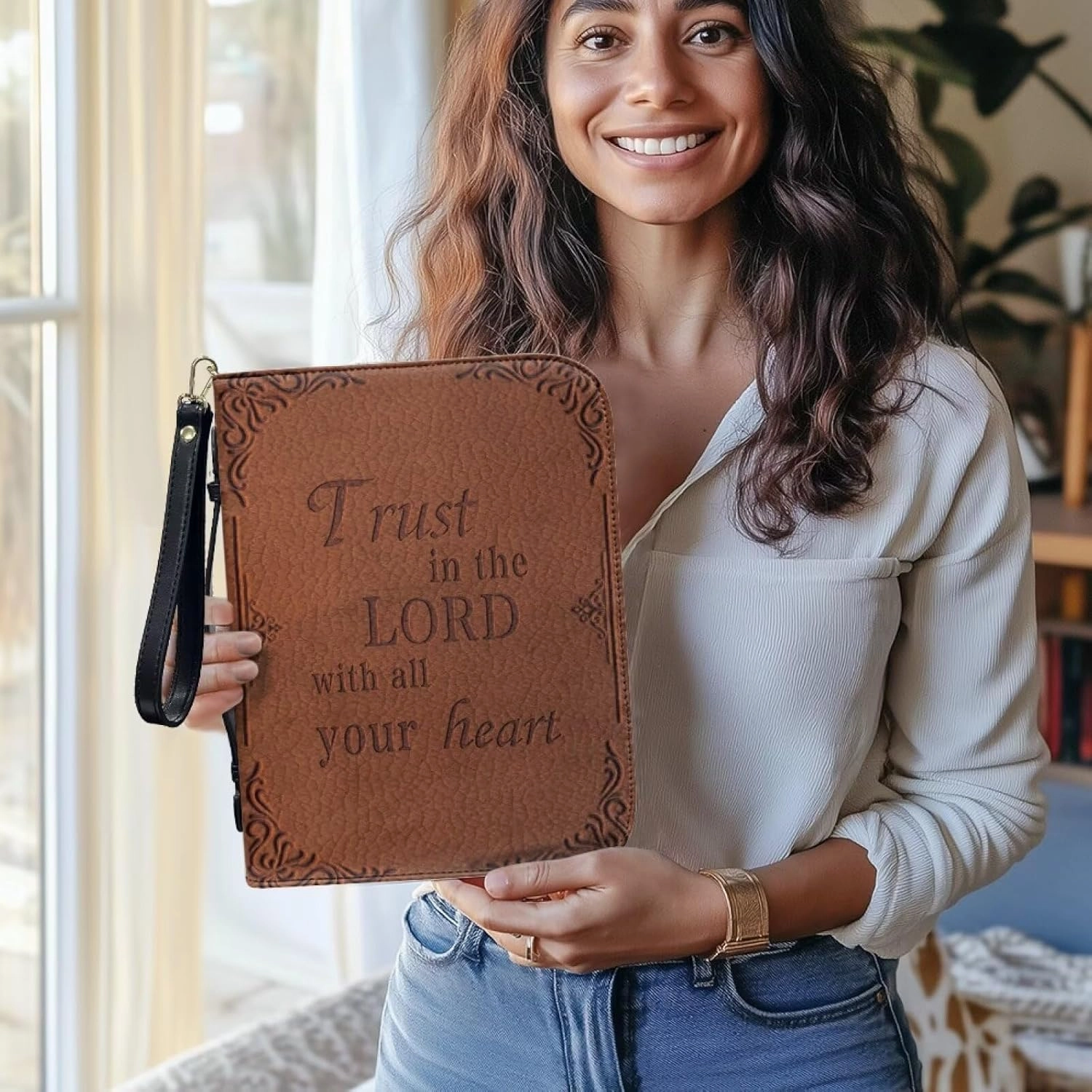 Brown Bible Cover for Women, Soft PU Leather Bible Case with Zipper Pockets for Pens Waterproof Religious Scripture Carrier for Outdoor Church Events