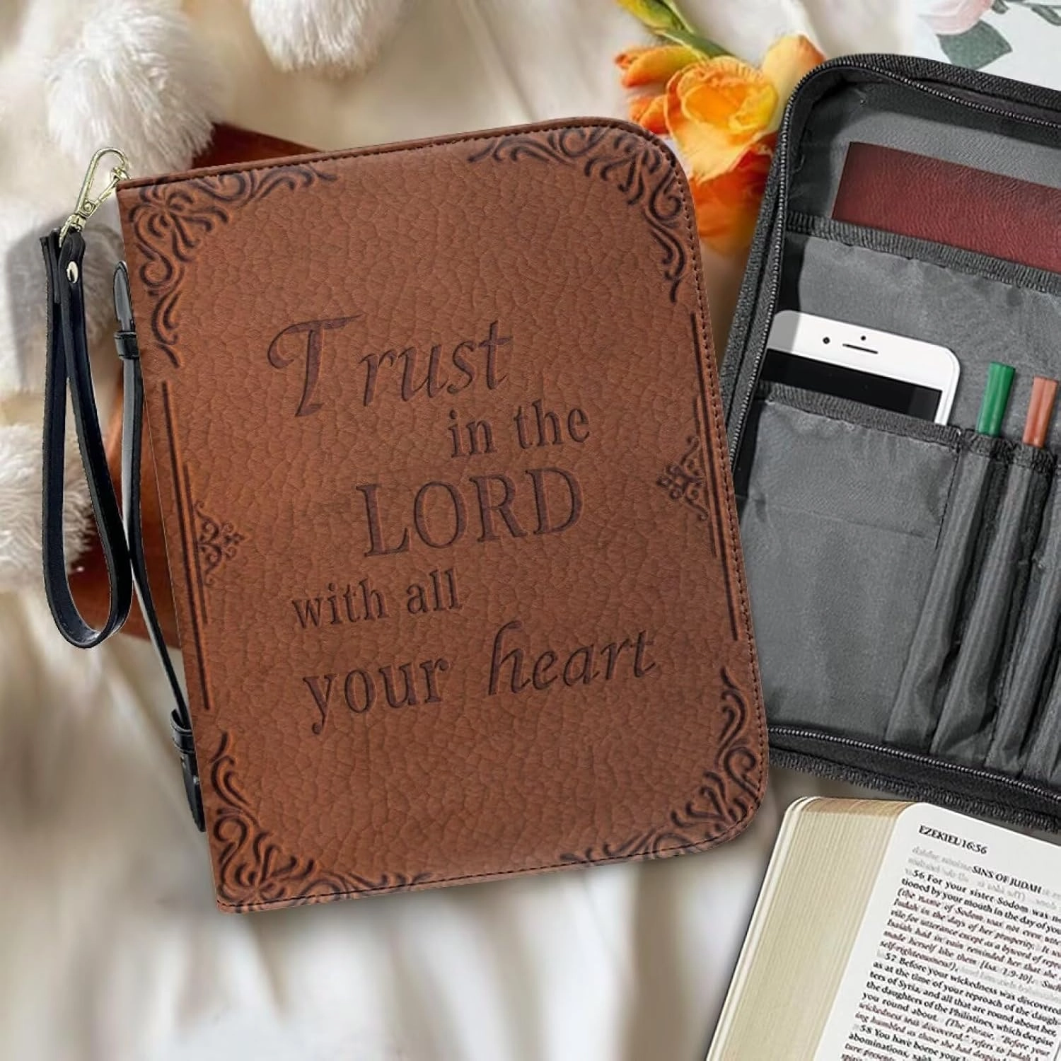 Brown Bible Cover for Women, Soft PU Leather Bible Case with Zipper Pockets for Pens Waterproof Religious Scripture Carrier for Outdoor Church Events