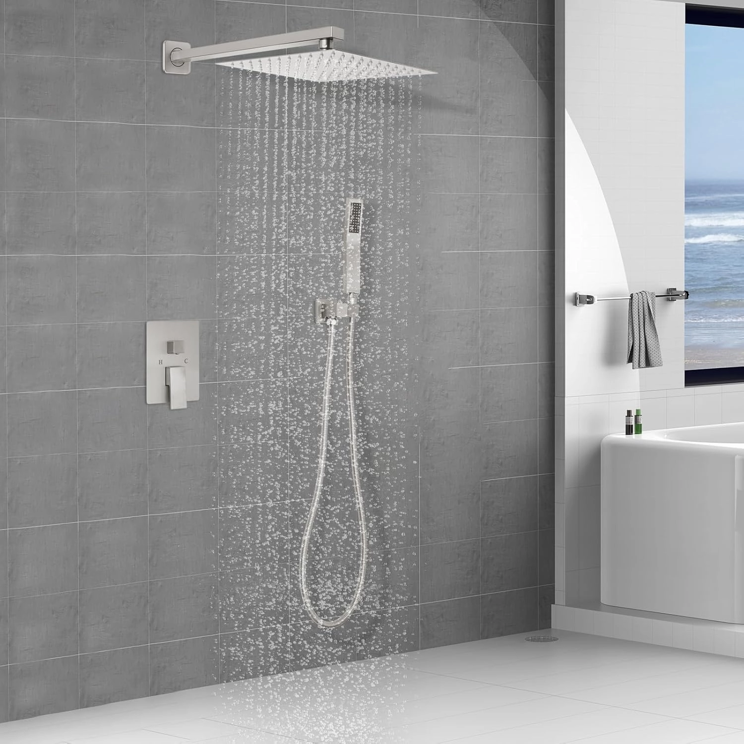 Brushed Nickel Square Shower Head with Handheld Set, Rainfall Shower System Modern Wall Mounted Shower Faucet for Bathroom 10 inch (With Shower Valve)