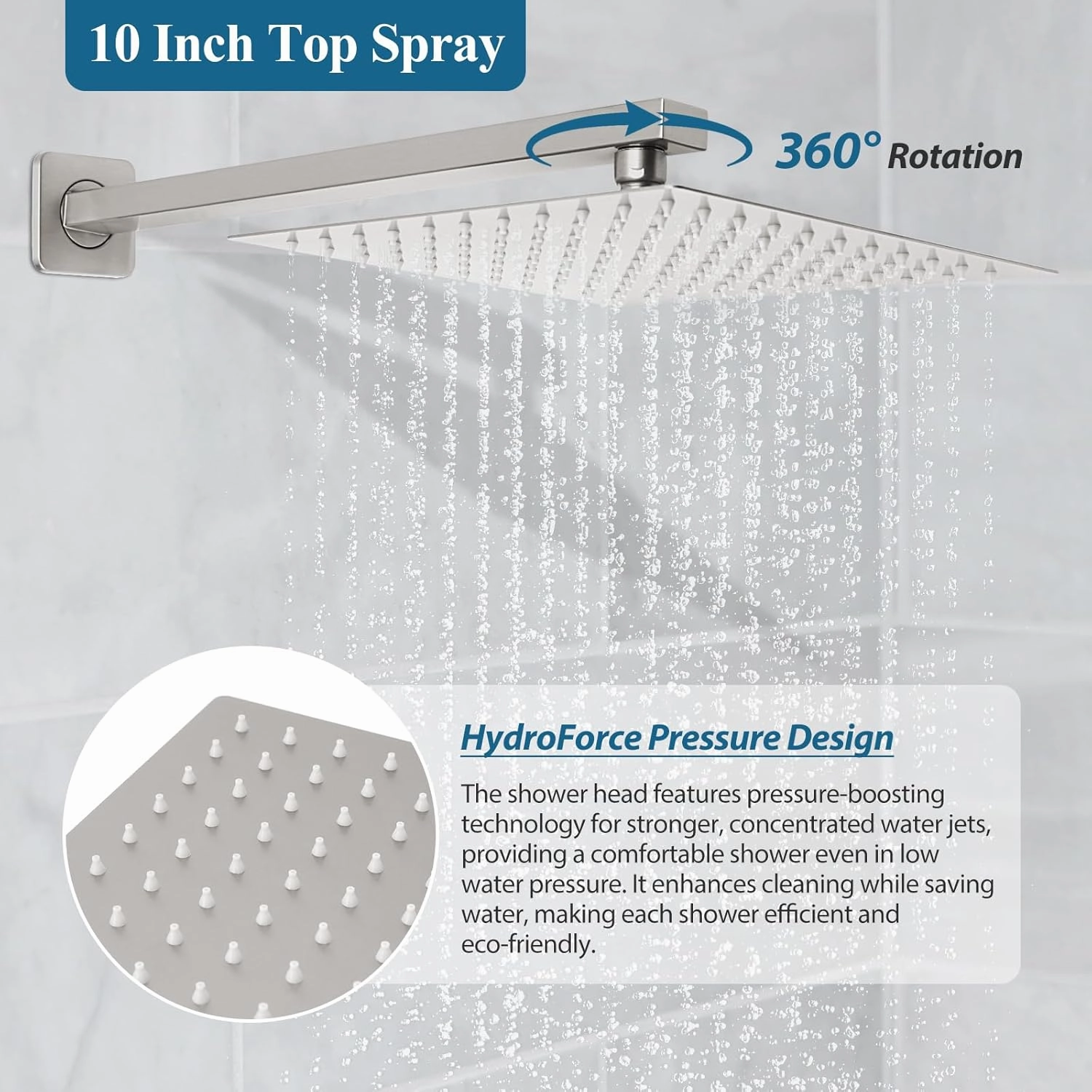 Brushed Nickel Square Shower Head with Handheld Set, Rainfall Shower System Modern Wall Mounted Shower Faucet for Bathroom 10 inch (With Shower Valve)