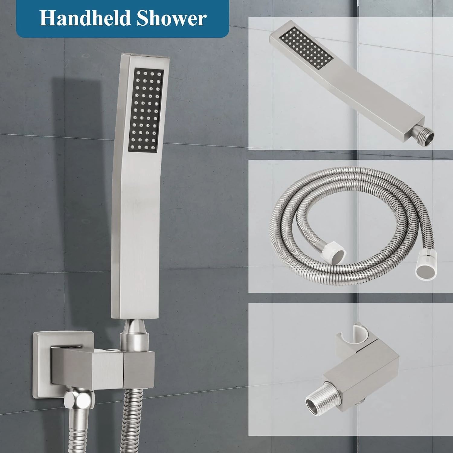 Brushed Nickel Square Shower Head with Handheld Set, Rainfall Shower System Modern Wall Mounted Shower Faucet for Bathroom 10 inch (With Shower Valve)