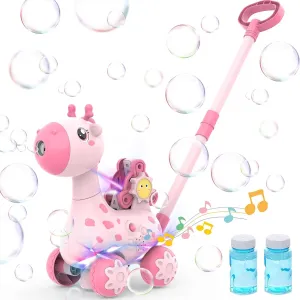 Bubble Lawn Mower Toddler Toys, Pink Giraffe Bubble Blower Machine for Girl 1-3, Push Gardening Toys for Kids with Colorful Light & Music, Party Favor Birthday Preschool Gifts