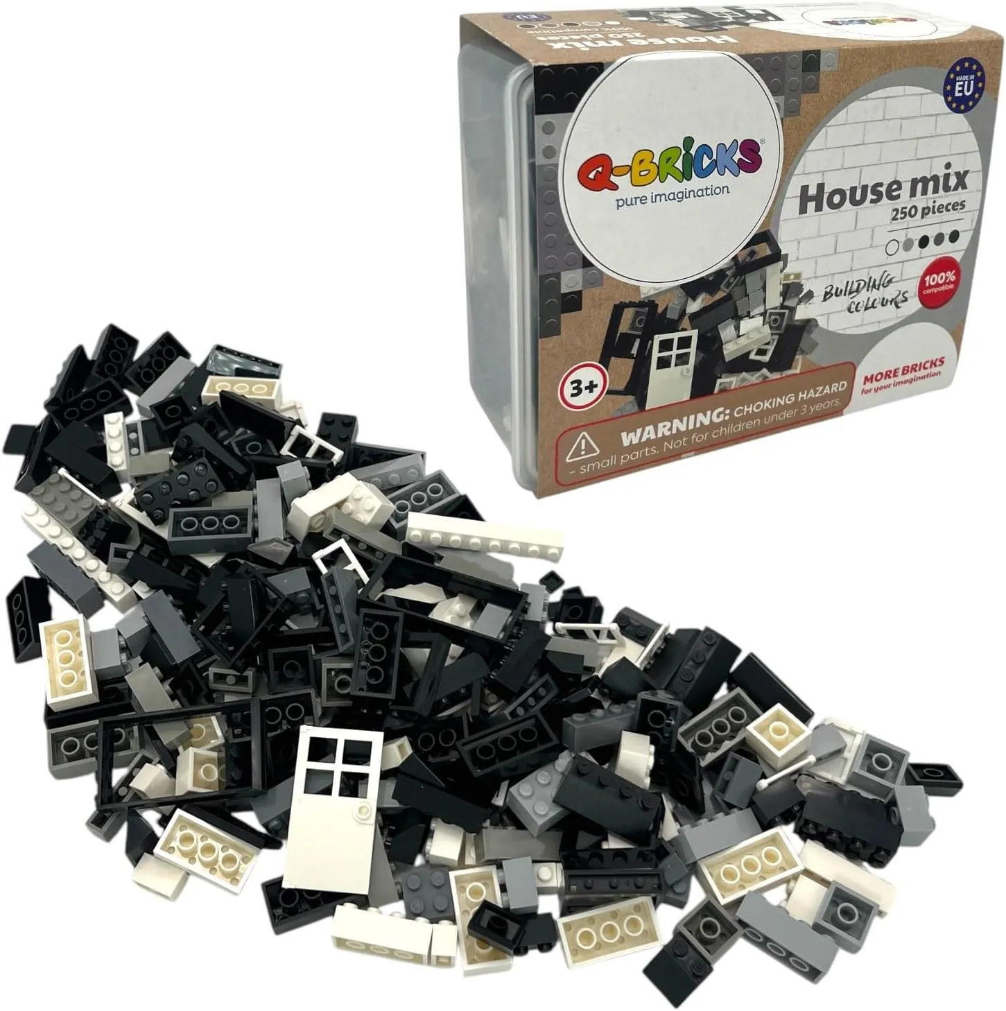 Building Set with Classic Building Blocks - 250-Piece Set - 17 Shapes Include Doors, Windows, Roof Tiles - 6 Colors - Reusable Storage Box