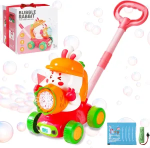 Bunny Easter Basket Stuffer Bubble Lawn Mower for Toddlers Kids Rabbit Carrot Blower Maker Machine Summer Outdoor Push Yard Garden Toy with Light Birthday Gifts for 1 2 3 4 5 6 7 8 Year Old Girls Boys