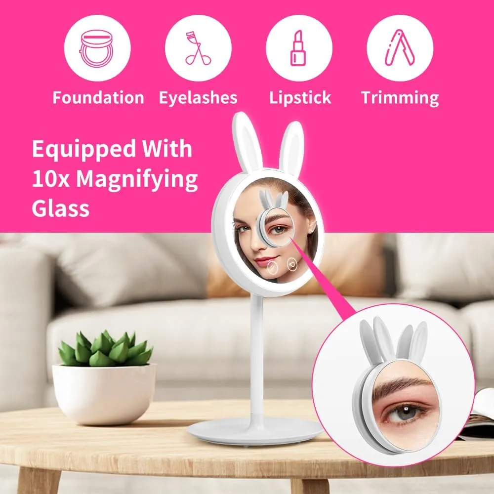 Bunny Makeup Mirror with Ambient Light | 3 Level of Light Brightness & 10X Magnetic Mirror | Rechargeable 1000mAh Vanity Mirror, 180° Adjustable Angle & Storage Base, Desk Lamp for Women