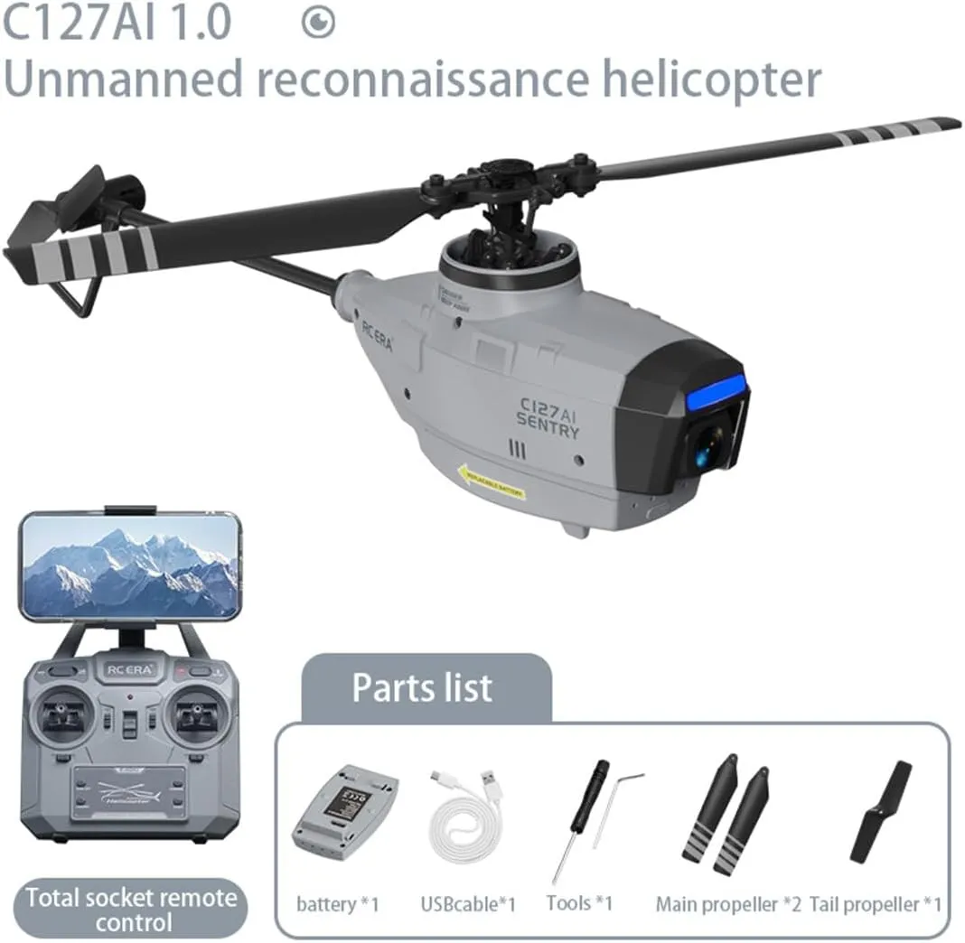 C127AI RC Helicopter with 1080P Camera, 2.4G 4CH Brushless Single-Rotor Scout Drone with Optical Flow & Altitude Hold for AI Tracking