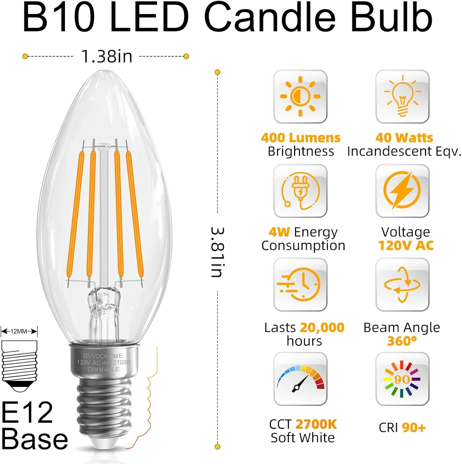 Candelabra Light Bulbs 40 watt, E12 LED Bulb Dimmable Chandelier Light Bulbs, B10 Candle Light Bulbs 2700K Soft White, 90 CRI, 400LM, Cear Glass, 24 Pack