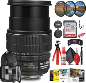 Canon EF-S 15-85mm f/3.5-5.6 is USM Lens with 64GB Extreme Pro Card   Corel Photo Software   Flexible Tripod   Filter kit   Card Wallet   Backpack   Cleaning Kit   Card Reader   Cap Keeper (Renewed)